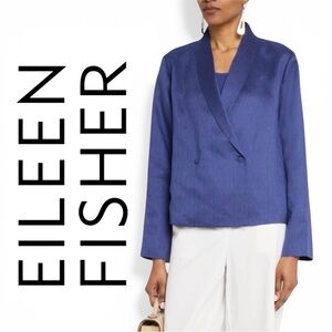 Eileen Fisher Jacket Women Silk Shawl Collar Blue Boxy Long Sleeve Size L NWT